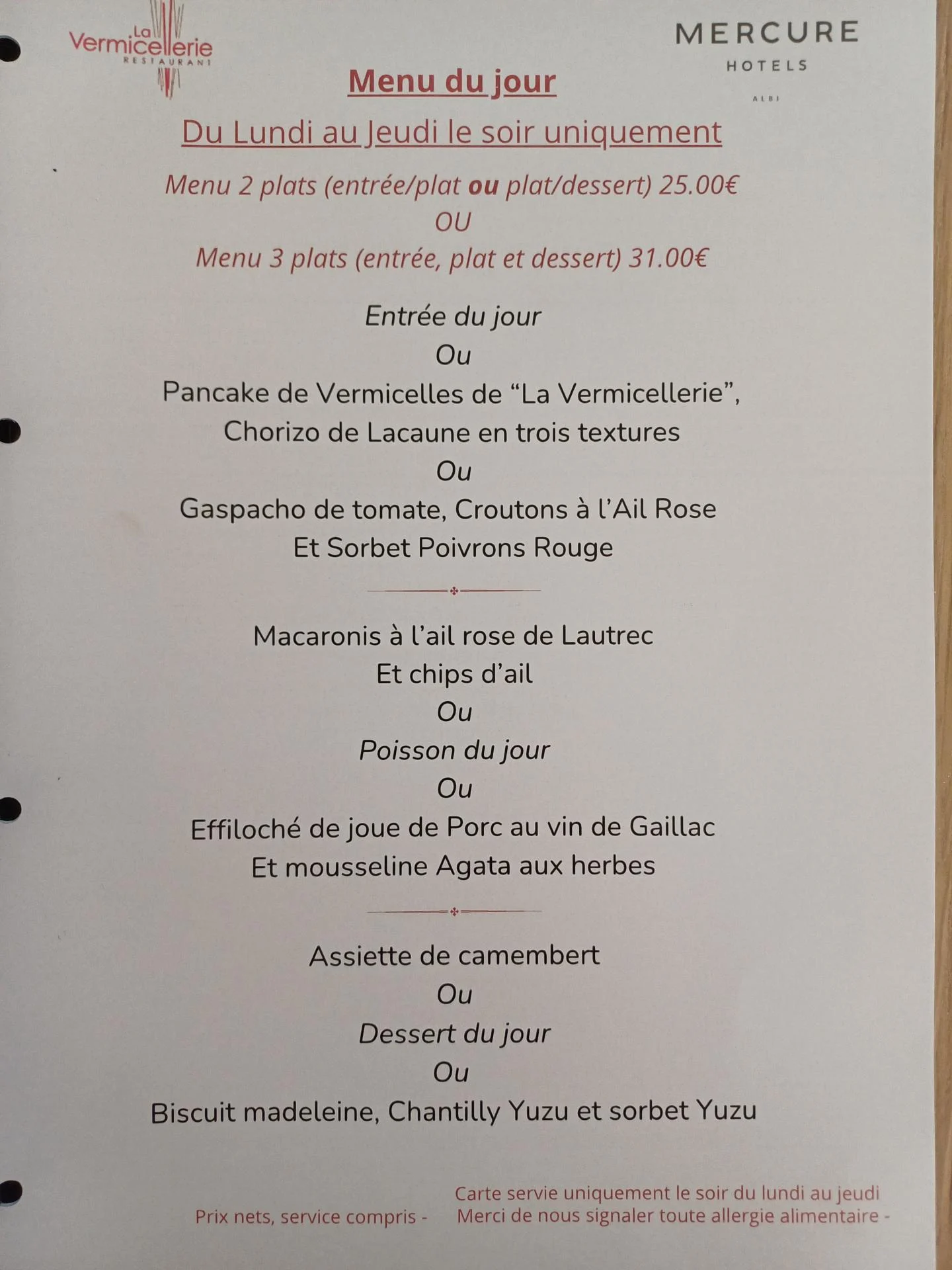menu vermicellerie